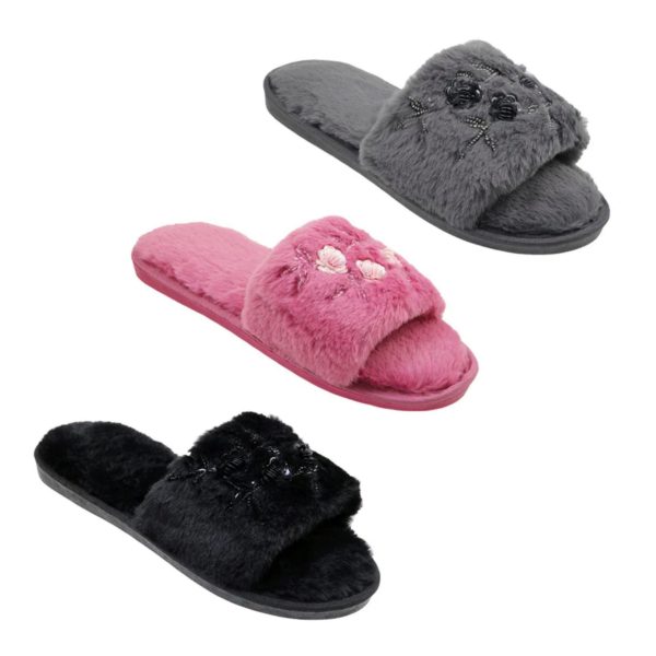 Assorted Colors Women's Slippers with Floral Details in Sizes 6-10